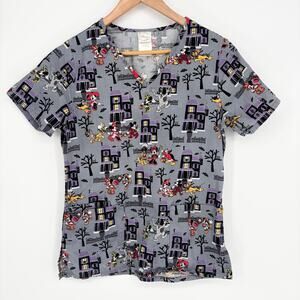 Disney Women's Gray Halloween Mickey Minnie Pluto Scrub Top Size XS
